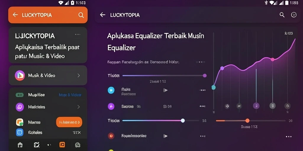 Antarmuka aplikasi LUCKYTOPIA menampilkan fitur Equalizer yang lengkap.